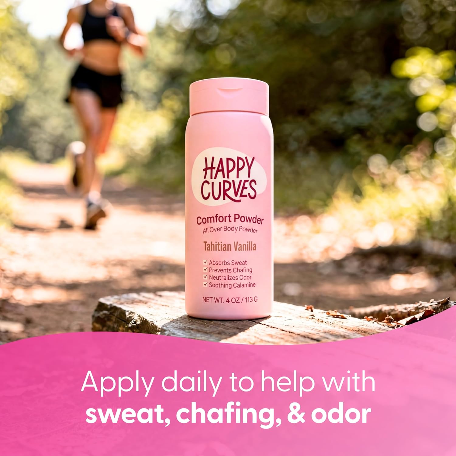 HAPPY CURVES Comfort Powder: Talc Free Anti Chafe Body & Foot Dusting Powder Deodorant for Inner Thigh Chafing, Private Areas, and All Over Body for Women 4oz (Pack of 1), Tahitian Vanilla