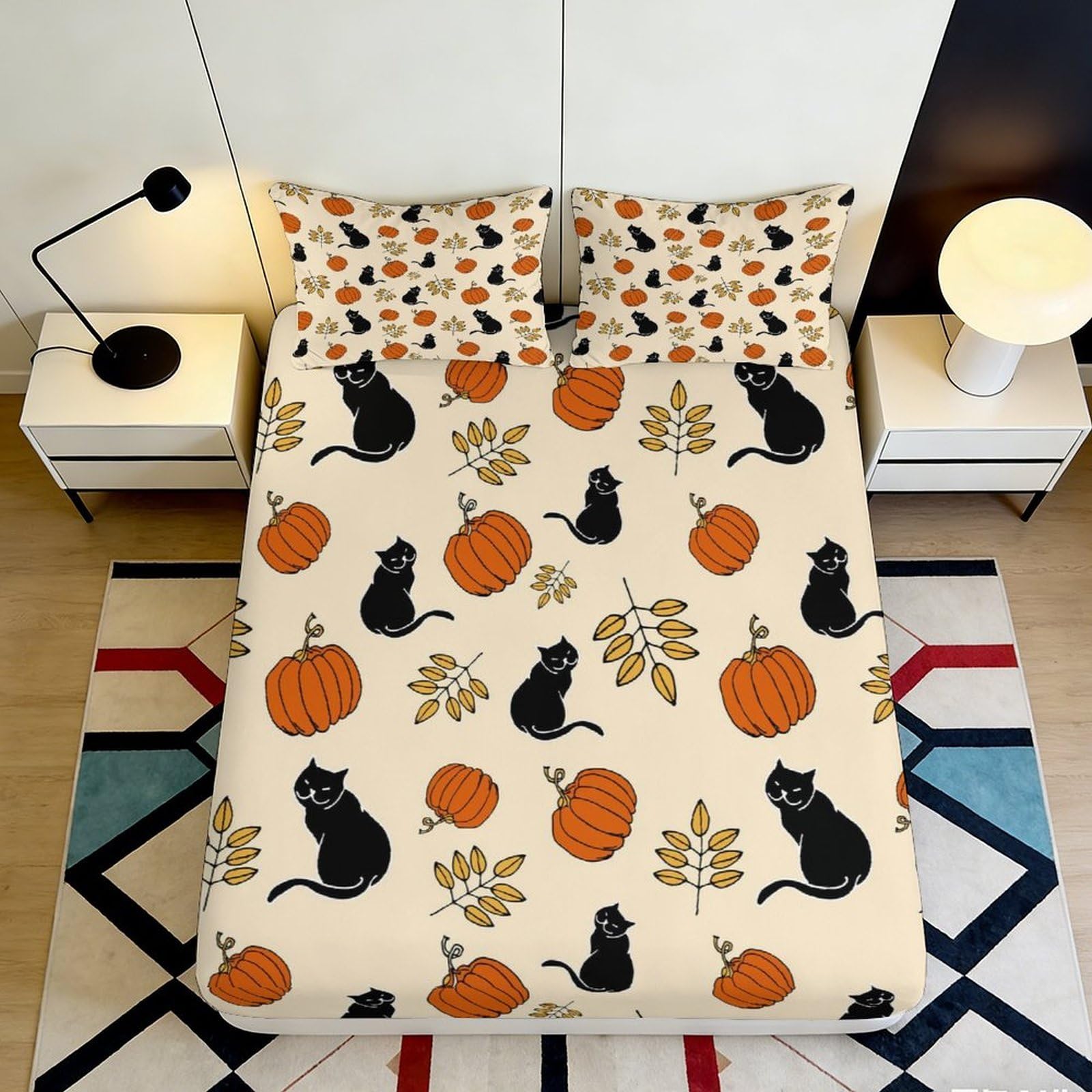 Uynsixtme Style-1 3D Printed Pumpkin Cat Fitted Sheet Microfiber Non-Slip Deep Pocket Pumpkin Cat Mattress Fitted Cover Washable Bedding For Bedroom 200X200x25cm