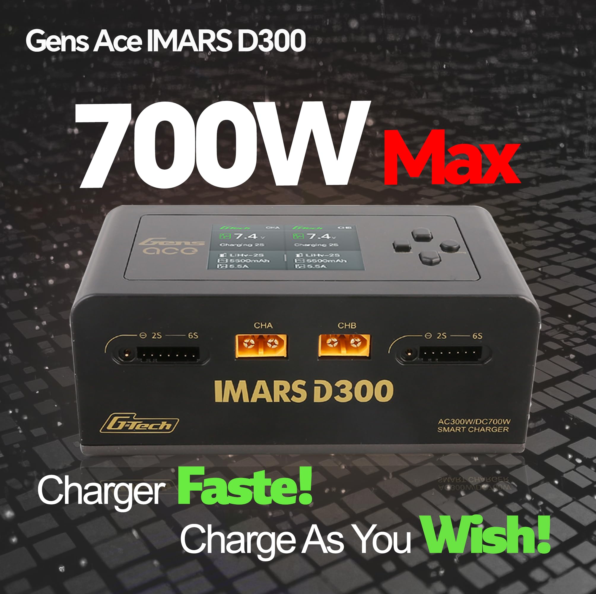 Gens Ace IMARS D300 Lipo Caricabatterie G-Tech Series Smart Dual Lipo Balance Charger AC 300W DC 700W (350W * 2) 16A Dual Channel Charger per batterie Lipo 1s ~ 6s, Life/NiCd/MH/LiHV, Plug&Play (nero)