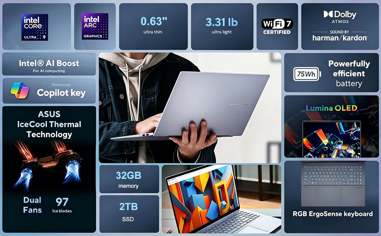 ASUS Vivobook S 16 AI PC Laptop (16" 3K OLED, Intel 16-Core Ultra 9 285H (> i9-13900H), 32GB DDR5 RAM, 2TB SSD) for Creator, Photographer, Designer, IR Webcam, Backlit, Wi-Fi 7, IST HUB, Win 11 Pro