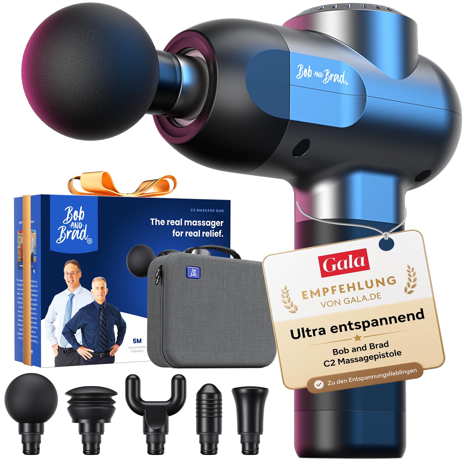Bob and Brad C2 Massagepistole, Tiefe Gewebemassagepistole, Muskel-Massagegerät mit 5 Geschwindigkeiten und 5 Köpfen für Zuhause Büro Workout Erholung Schmerzlinderung, Tolles Geschenk, Schwarz