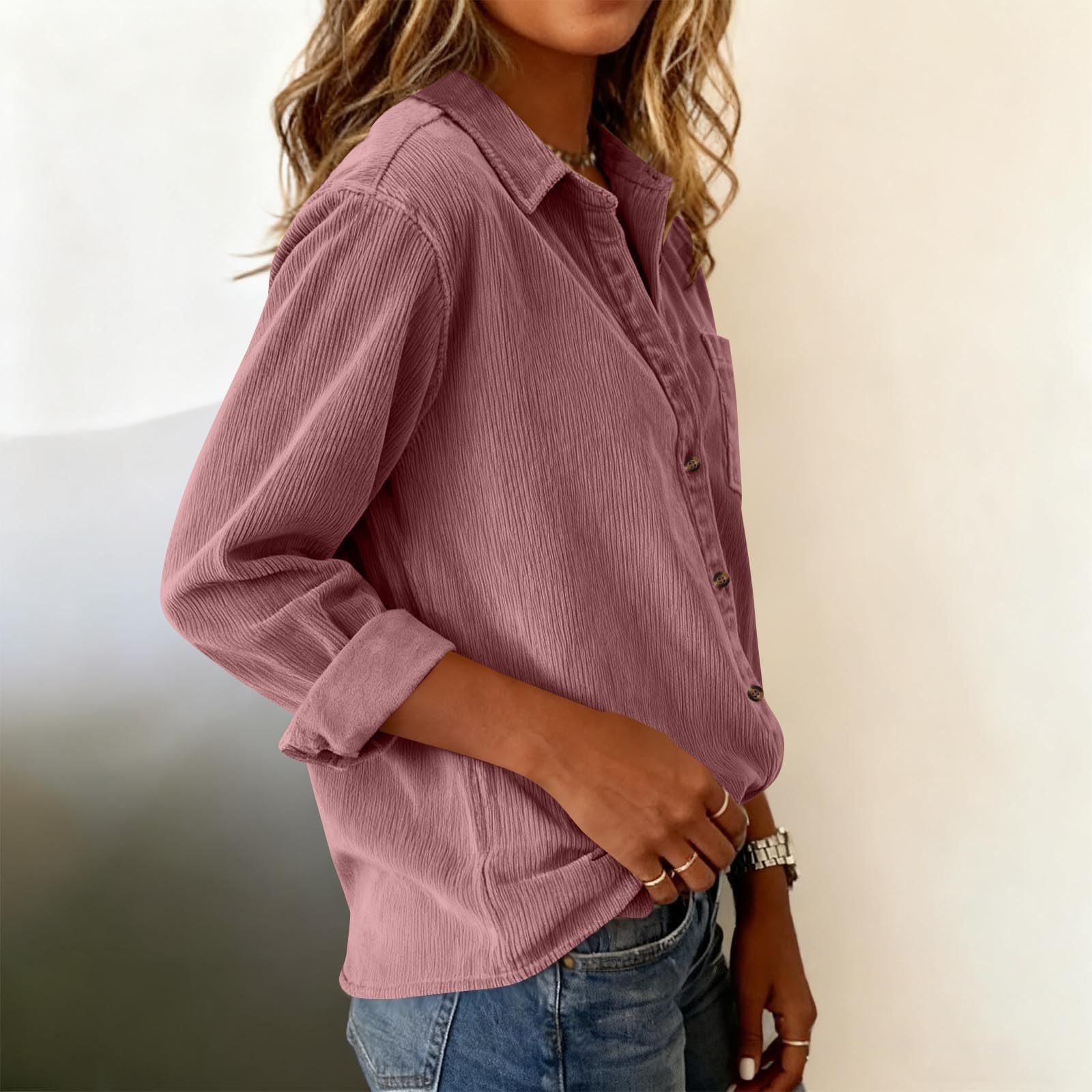 Generisch Camicia da donna a coste con colletto, abbottonatura, maniche