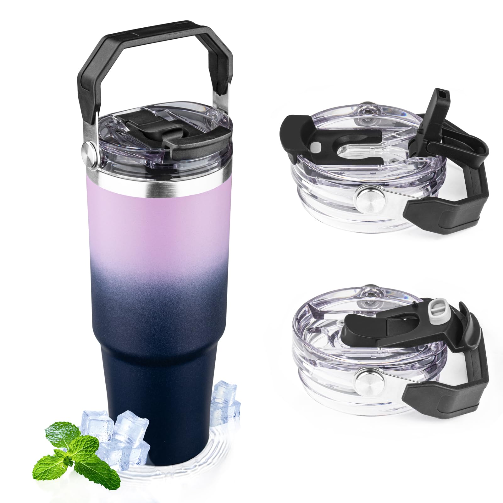 FLIFQI 30oz Tumbler with Handle in Light Purple Navy Blue