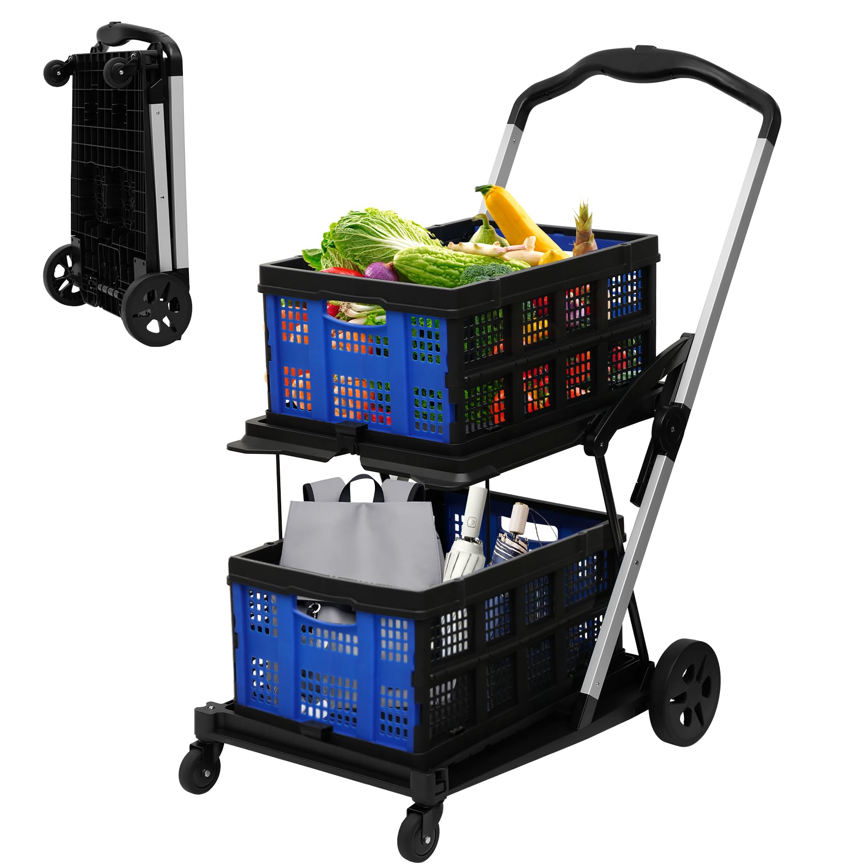 Photo 1 of Collapsible Shopping Cart with 2 Bins Grocery Cart on Wheels Multi Use Two Tier Folding Cart for Farmers Market,Kitchen,Grocery Shop