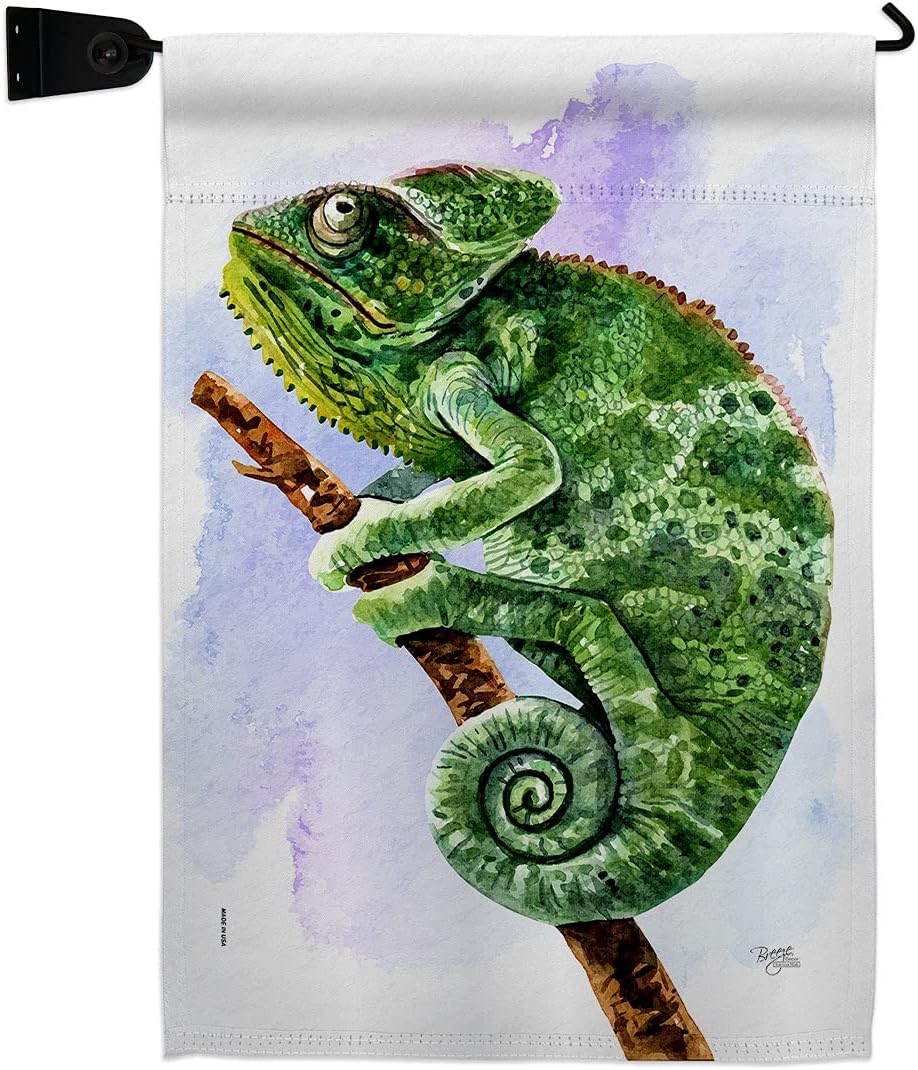 Chameleon Garden Flag Set with Stand Animals Critter Bee Ladybug Animal Pet Nature Creature Small Decorative Gift Yard House Banner Made In USA 13 X 18.5