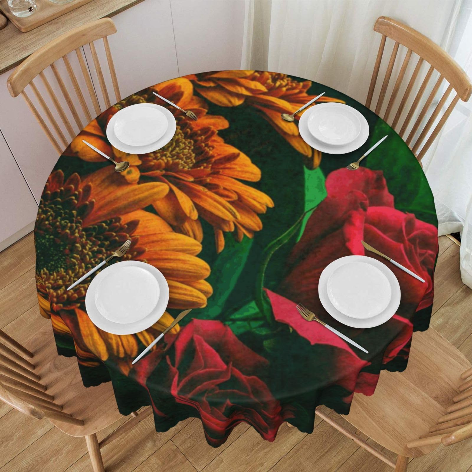 DCEHGEW 60 In Round Tablecloth with Lace, Sunflower and Rose Printed Oilproof & Washable Fabric Picnic Table Cloth Table Covers