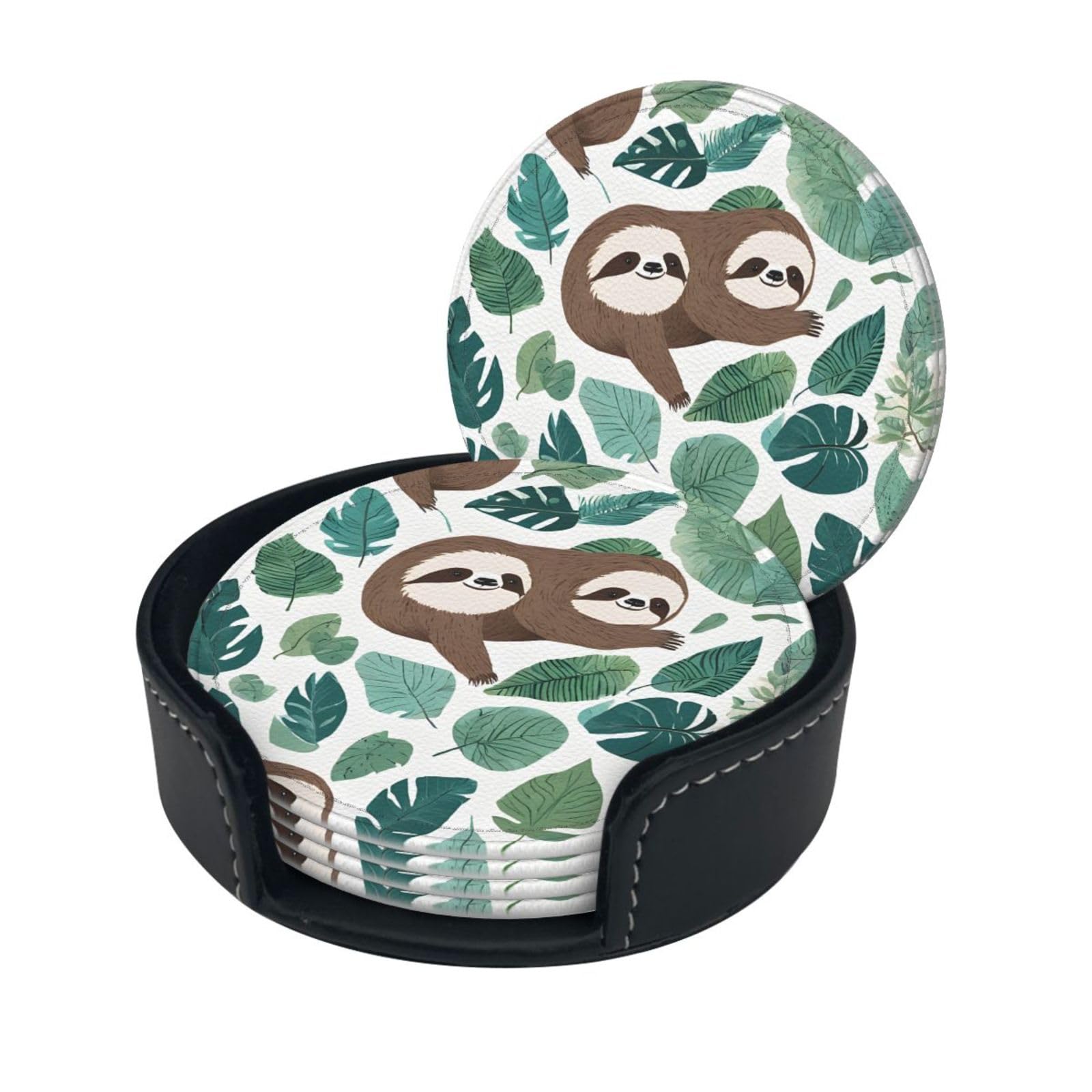 Adorable Sloth Print Print Coaster,Round Leather Coasters with Storage Box for Wine Mugs,Cold Drinks and Cups Tabletop Protection (6 Piece)