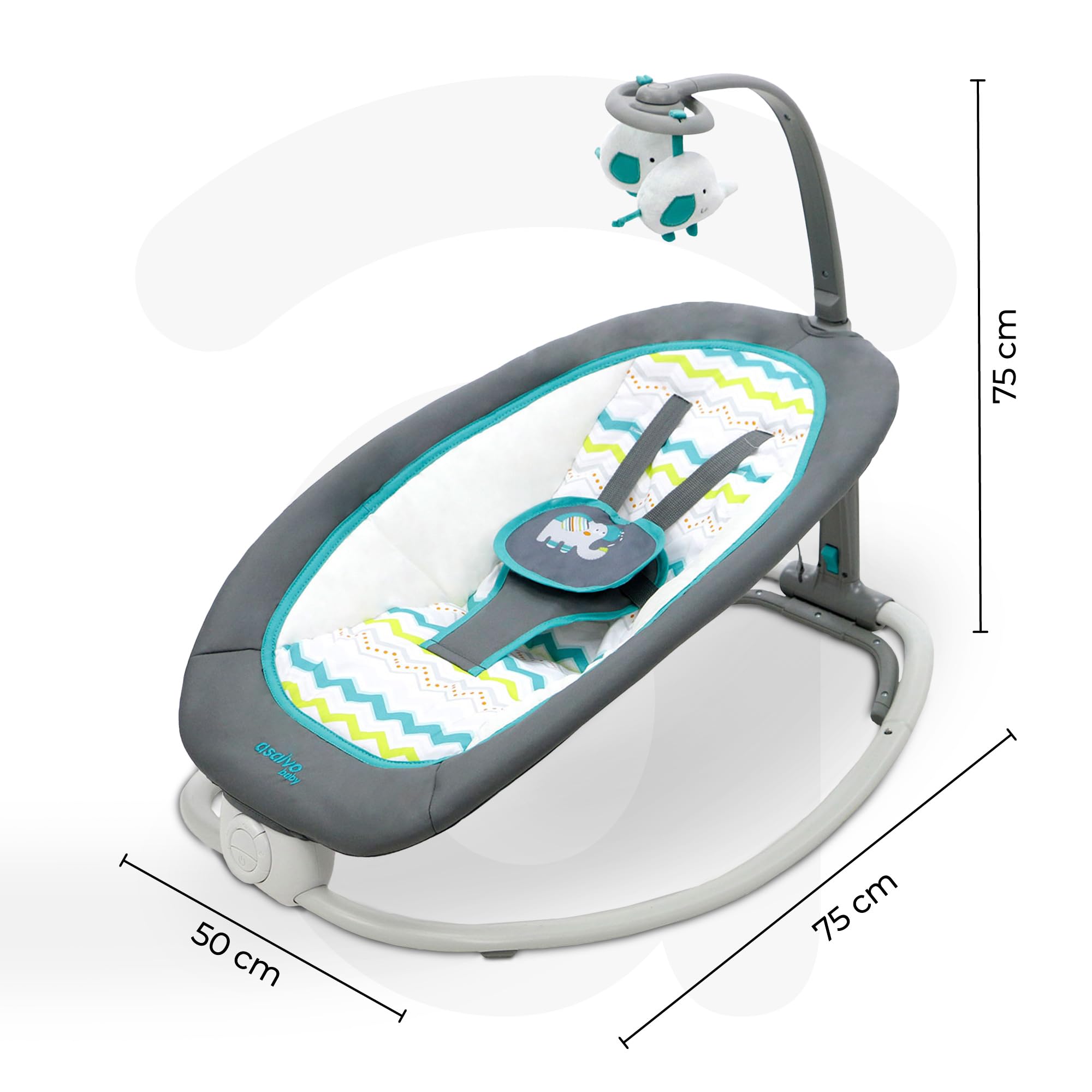 Asalvo Hamac éléphant bébé pliable 4 positions musique vibration harnais 5 points charge max 9 kg Gris Aqua