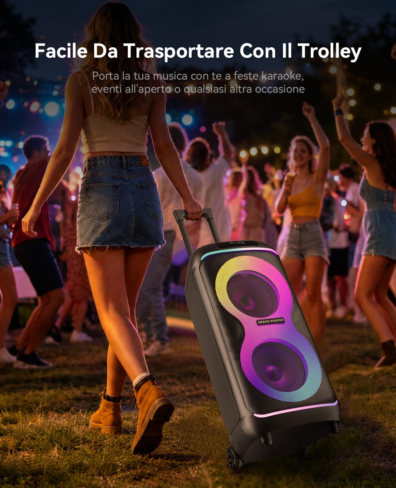 GKDT81 Cassa Karaoke Portatile – Sistema PA Da 800W Con 2 Microfoni Inclusi, Altoparlante Bluetooth Con Doppio Subwoofer Da 8" Per Bassi Potenti, Luci LED, Ruote E Maniglia Telescopica