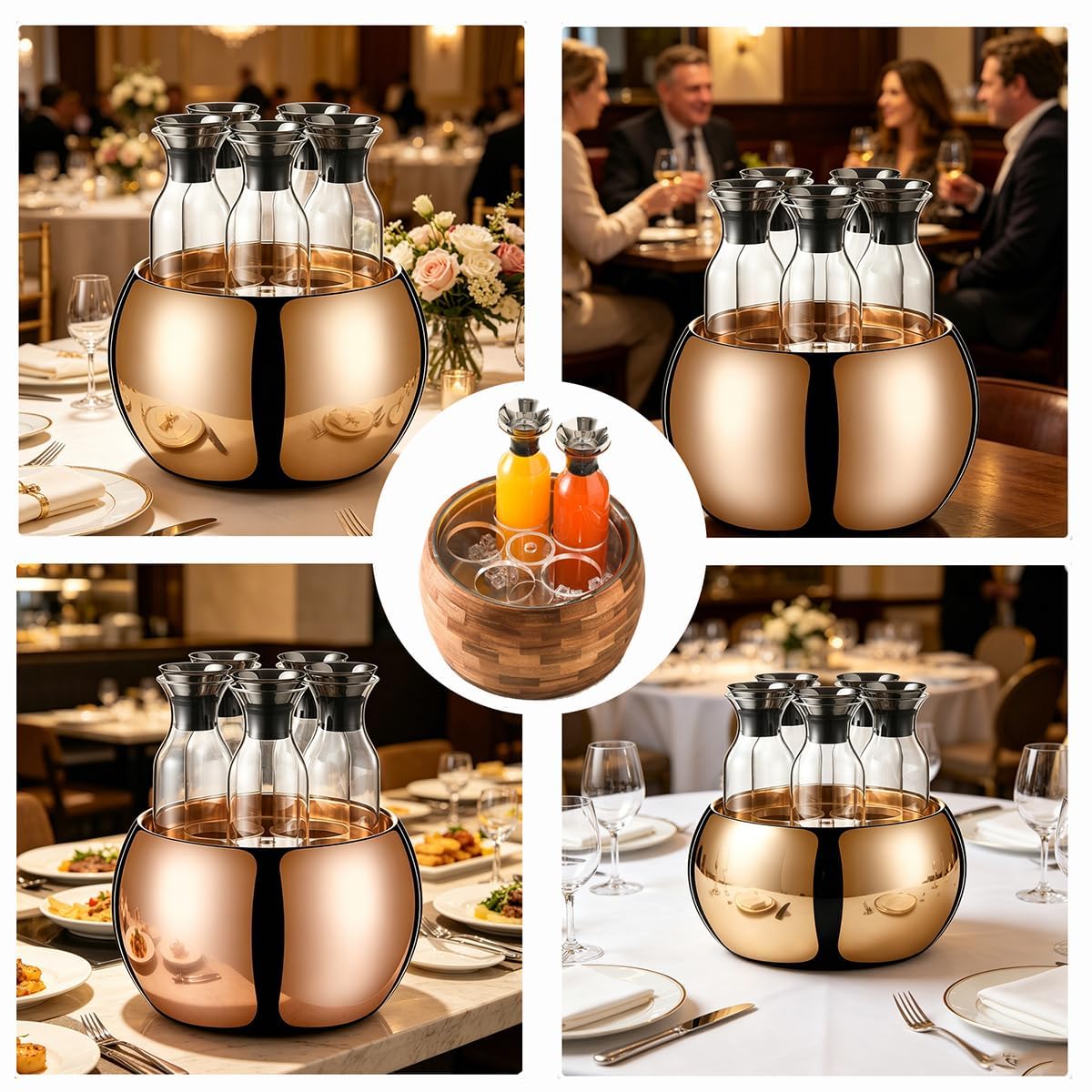 Cubo de hielo para bebidas con 5 botellas de vidrio, forro interior de acero inoxidable, base de grano de madera, capacidad de 6,5 L, boquilla de cierre automático, para bufés, bares y fiestas