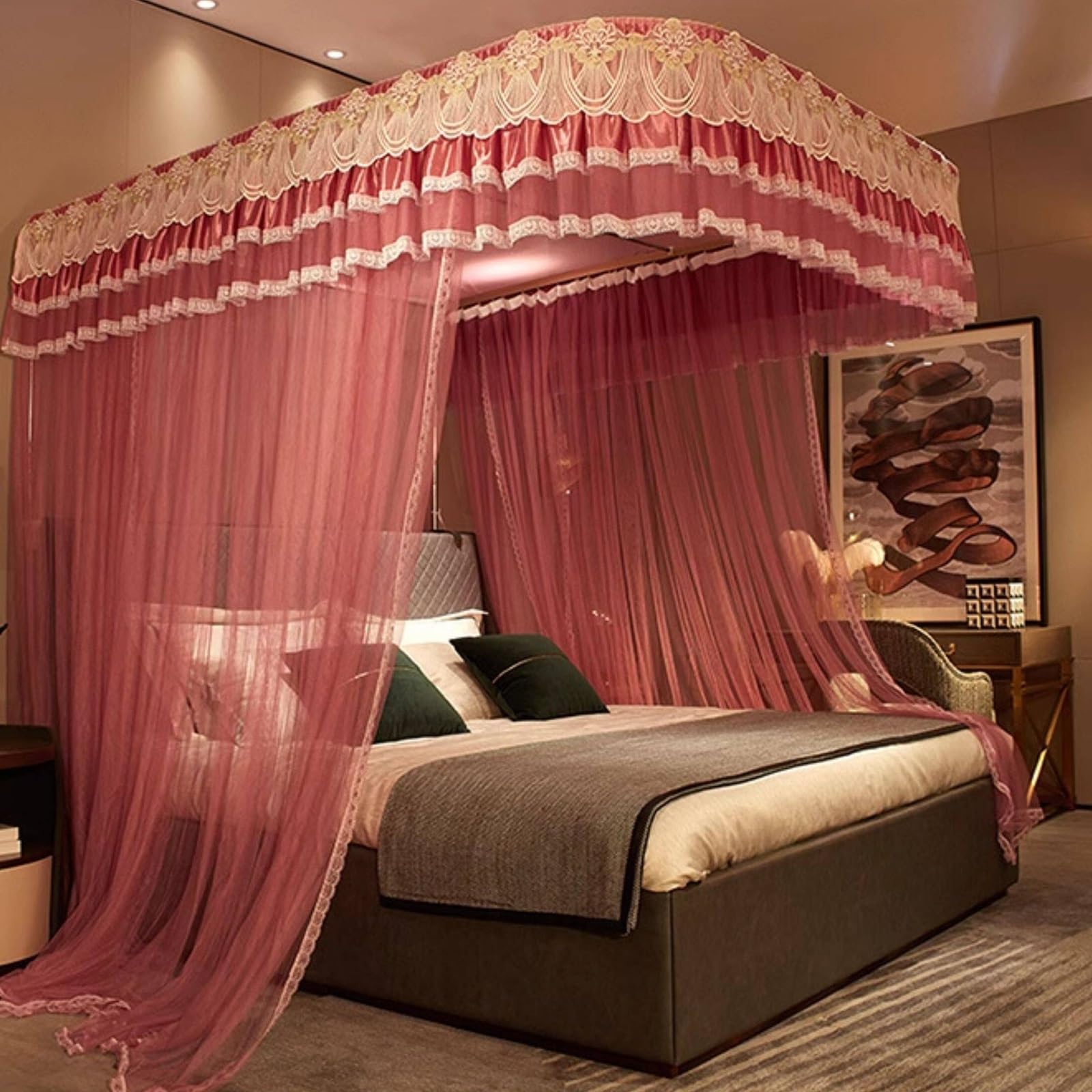 SARKEY U-Shaped Rail Bed Canopy Curtain,Romantic,for Women Adults Wedding Bedroom(PK,180x200x210cm(71"x79"x83"))