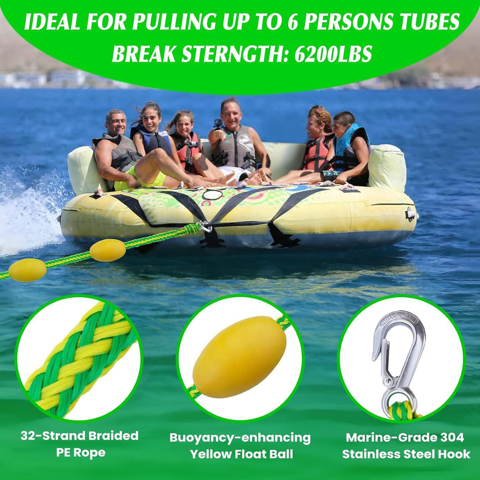 Corda da Traino per Barche Galleggiante da 60 Piedi Corda Tubolare per Barche con Galleggiante Giallo e Gancio in Acciaio Inossidabile per Barche Kayak Sport Acquatici Traino Galleggiante