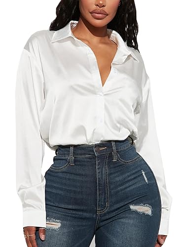 Navneet Women Blouses Satin Button Down Long Sleeve Shirts Collar Blouses Casual Office Wear Work Tops Going Out Tops