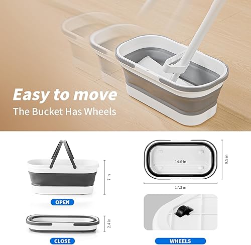 Miniatura 6 de Oshang Trapeador plano y cubo plegable OG7 con ruedas, 2 almohadillas de microfibra lavables reutilizables, color blanco puro