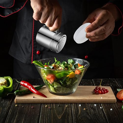 Miniatura 5 de Lallisa 12 pompones de especias de acero inoxidable de 10 onzas con agujeros y tapas, saleros versátiles con asa, accesorios versátiles para azúcar,