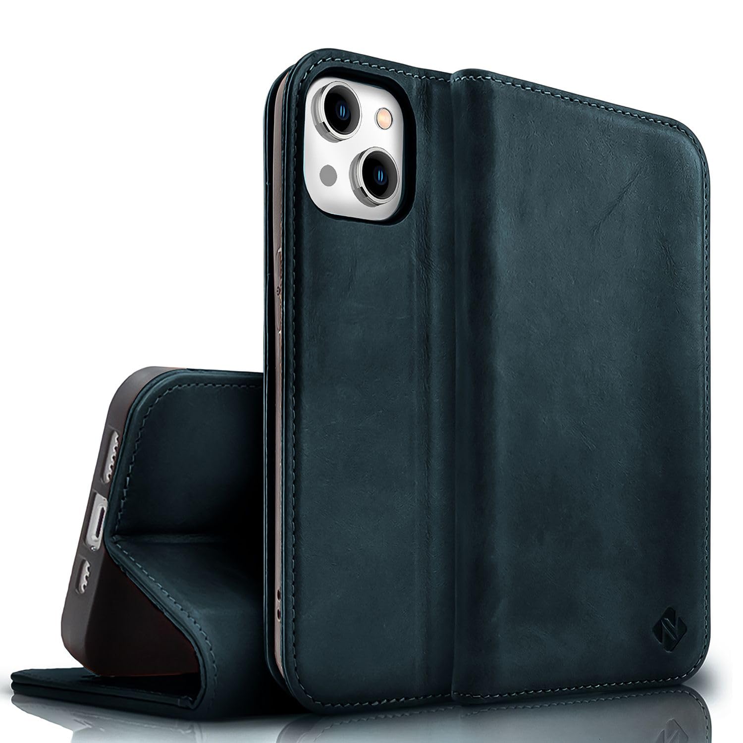 NALIA Genuine Leather Flipcase compatible with iPhone 15 Case, Handmade 100% Cowhide Leather RFID Protection Cover, Stand Function Card Slots, Premium Shockproof Wallet Flip-Book, Color:Dark Blue