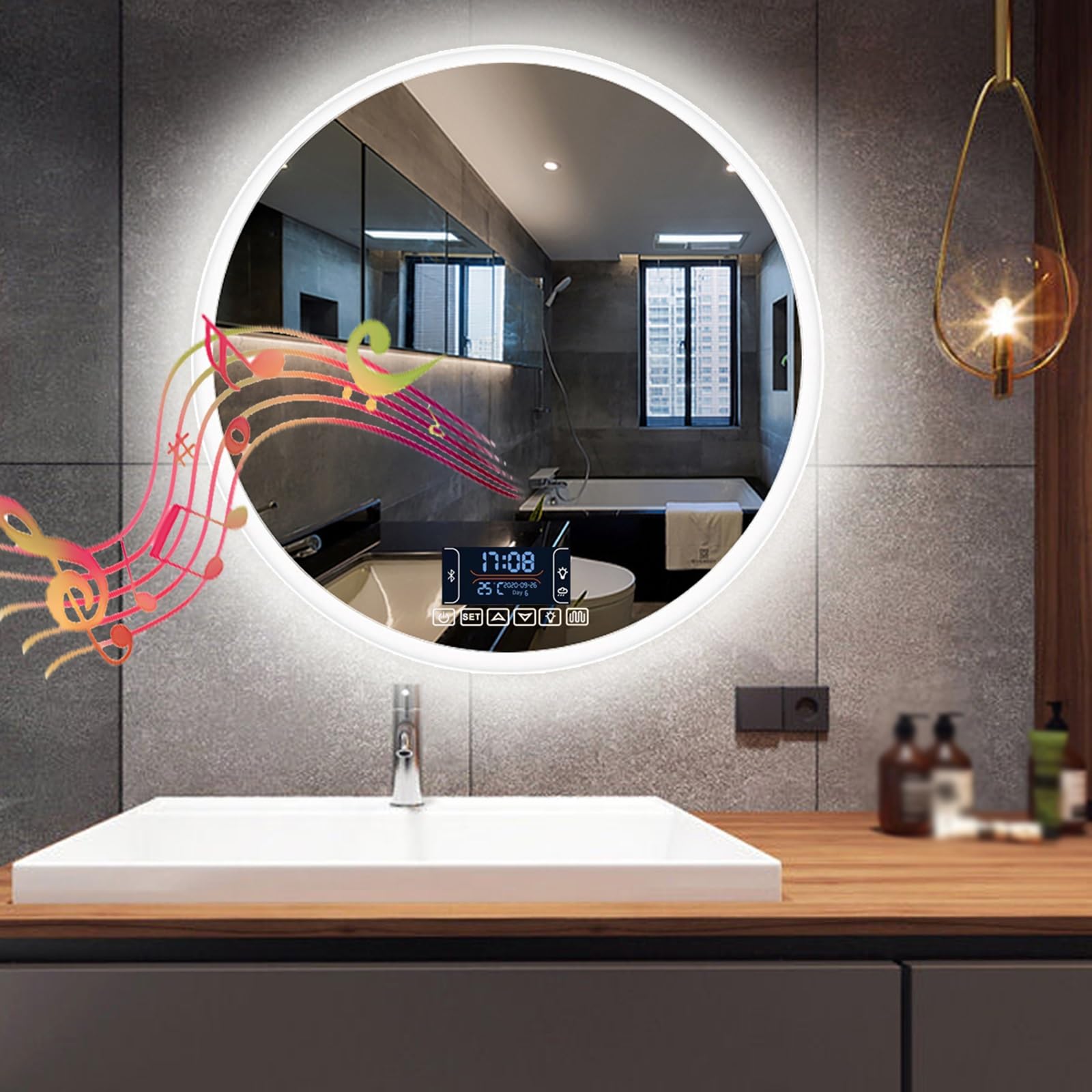 Espejo LED antiniebla Espejo Iluminado de baño Redondo Regulable Espejo de Pared Impermeable con Interruptor táctil Espejo Bluetooth con Tres Temperaturas Color(50cm x 50cm)