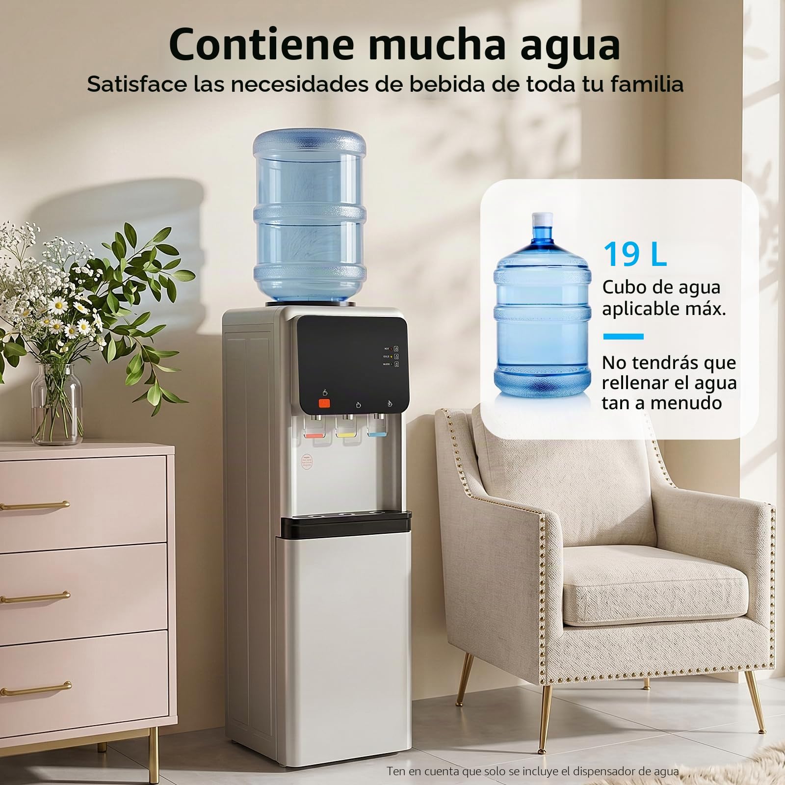 Dispensador de agua eléctrico de pie, frío y caliente de 10-95℃ de doble función, con armario de almacenamiento, carga superior, compatible con cubos de agua de 19L