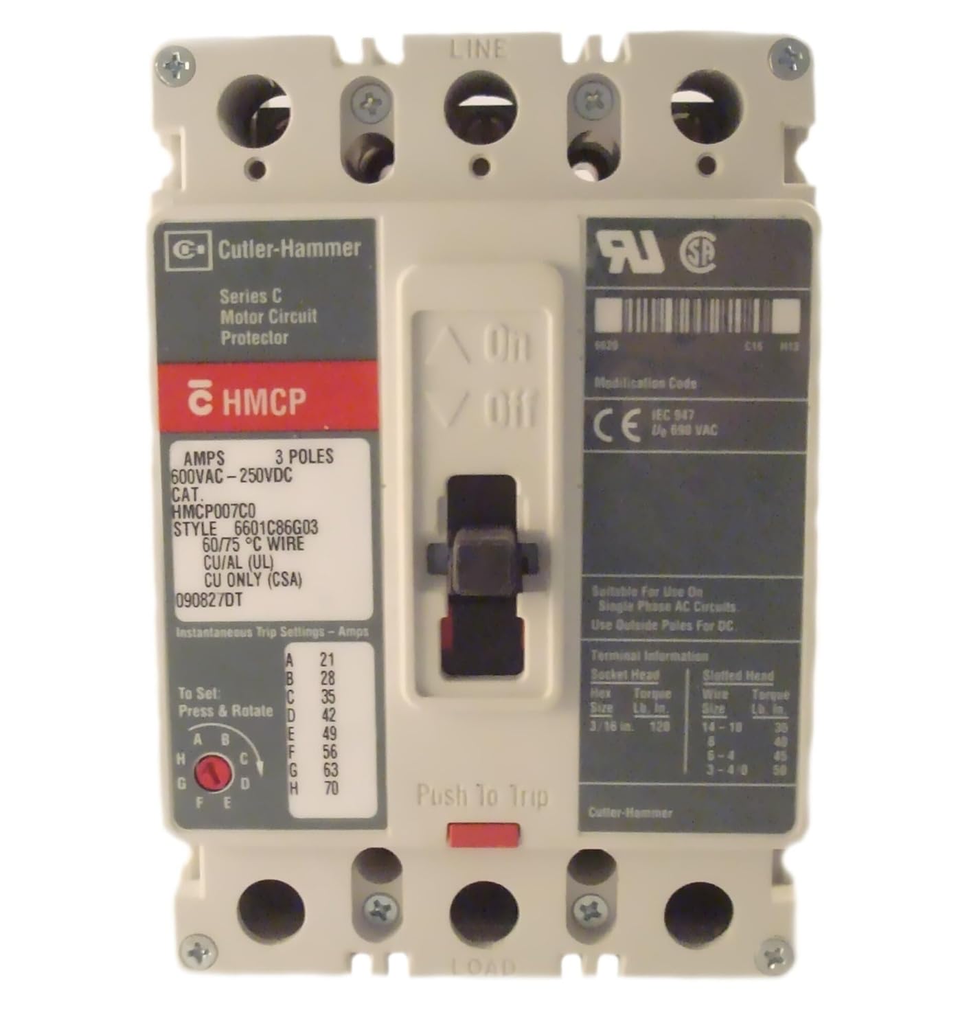 EATON CUTLER HAMMER - HMCP007C0C - CIRCUIT BREAKER, THERMAL MAGNETIC, 3P, 7A