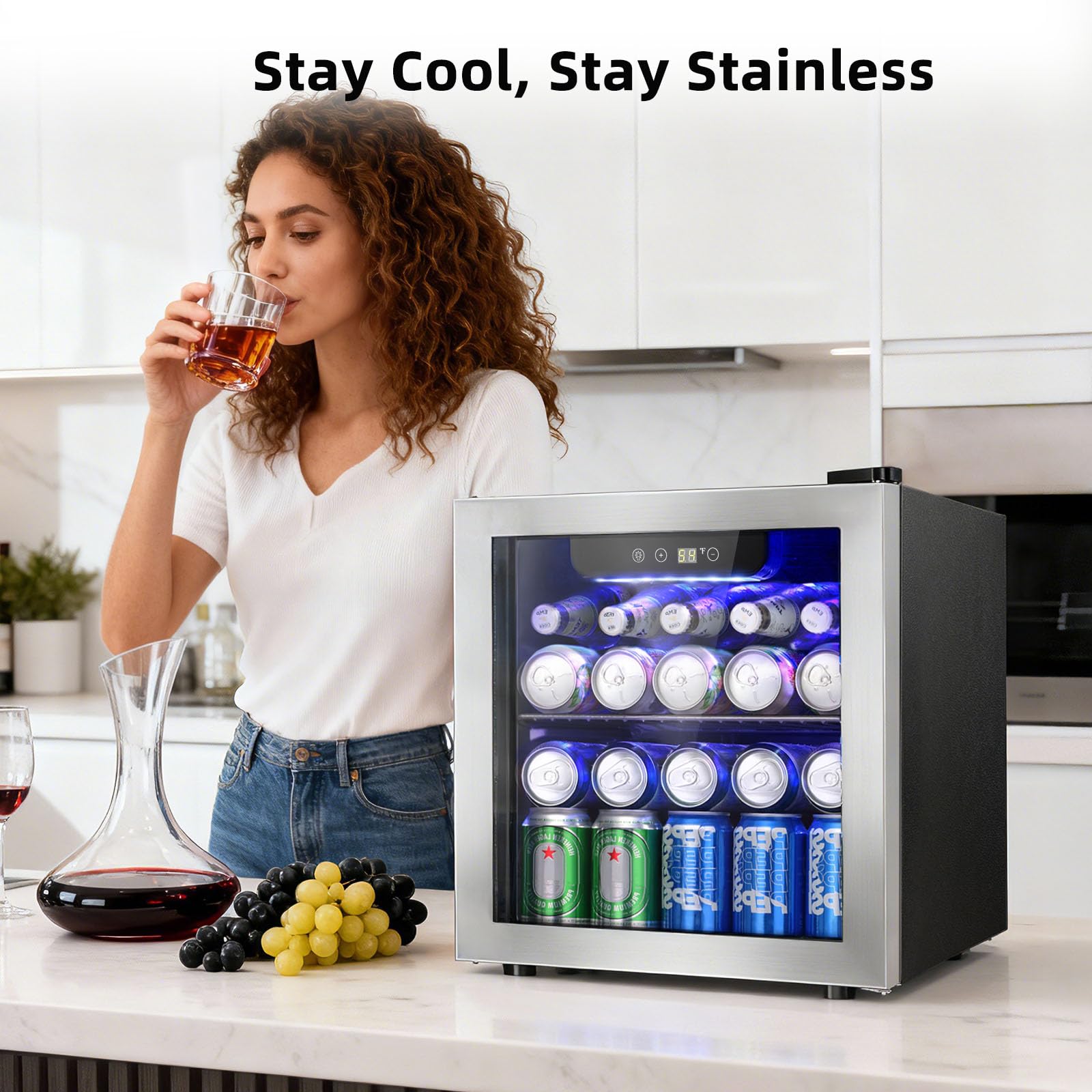 Antarctic Star 48 Can Beverage Refrigerator, 12 Bottle Mini Fridge With Seamless Stainless Steel Glass Door, Digital Temperature Display, Countertop Wine Cooler For Home Bar, Office, Kitchen, Silver on Fridge.com - View 5
