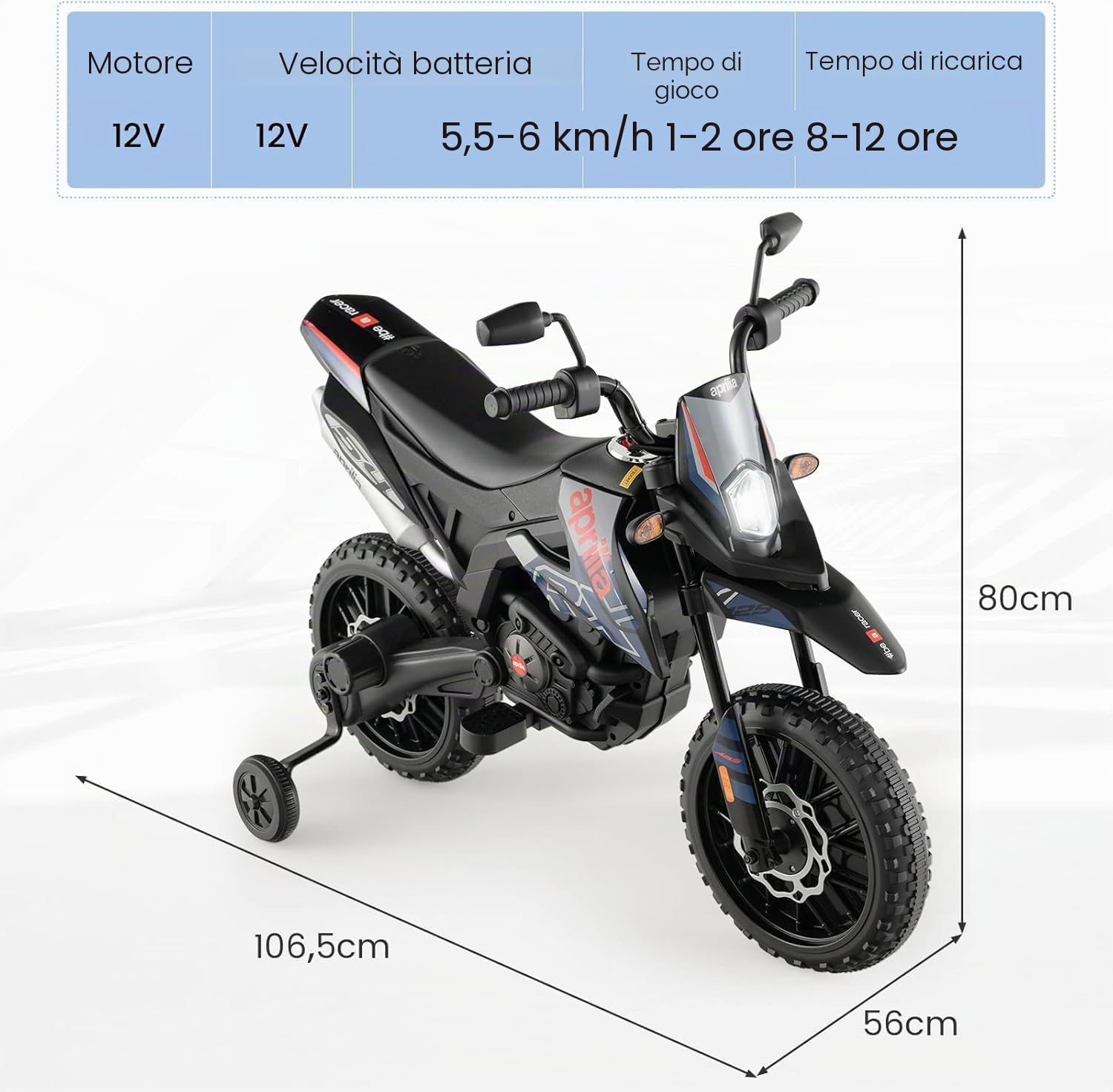 FANTASK Aprilia 12 V moto elettrica per bambini 5,5-6 km/h, moto per bambini con ruote di supporto e musica e fari, moto blu e nera per bambini dai 3 agli 8 anni