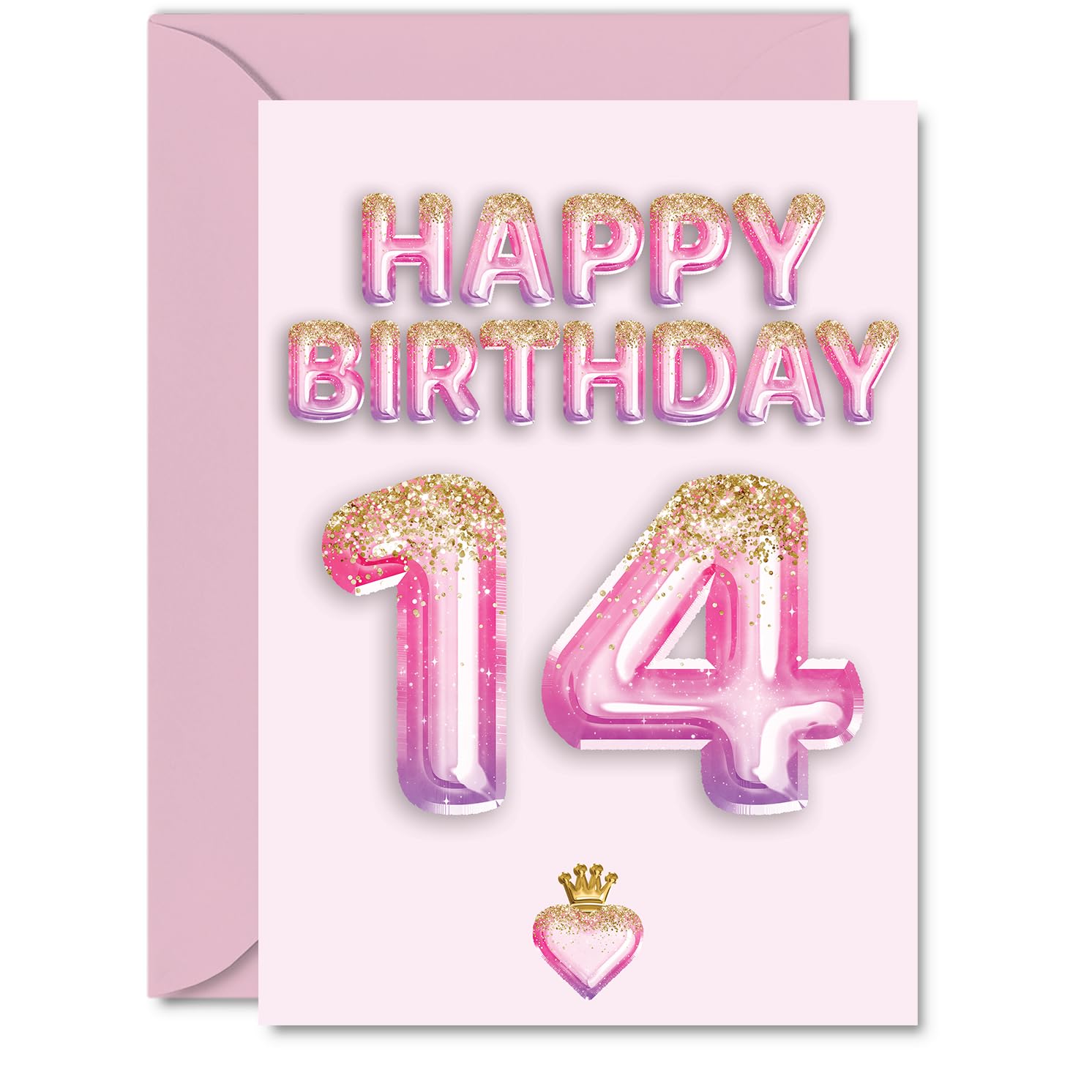 14th Birthday Cards for Girls and Boys, Pink & Purple Glitter Balloons