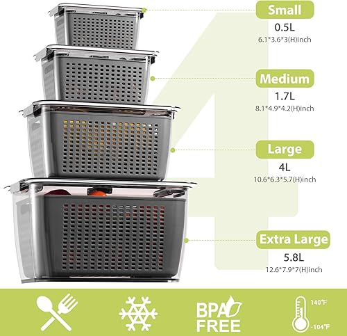 Miniatura 2 de LUXEAR Paquete de 4 recipientes de frutas para refrigerador, contenedor de almacenamiento de verduras con tapas y colador extraíble organizador de