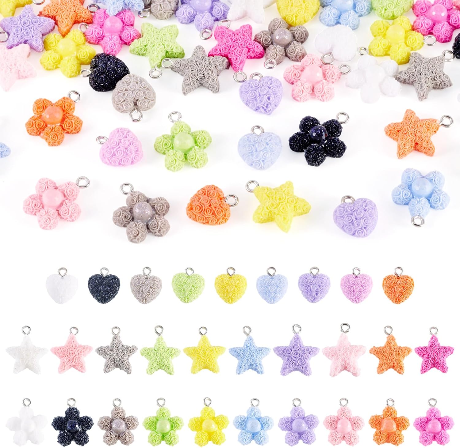 58 Pcs Flower Charms Resin Cute Sweet Heart Charms Candy Color Love Star Earring Dangle Pendants for Jewelry Making Bracelets Necklace Earrings