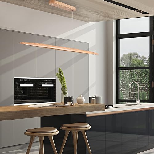 Miniatura 4 de Lámpara colgante lineal LED de madera de 59 pulgadas y 40 W, lámpara colgante regulable para comedor, cocina, isla, piscina, mesa, luces de ceniza