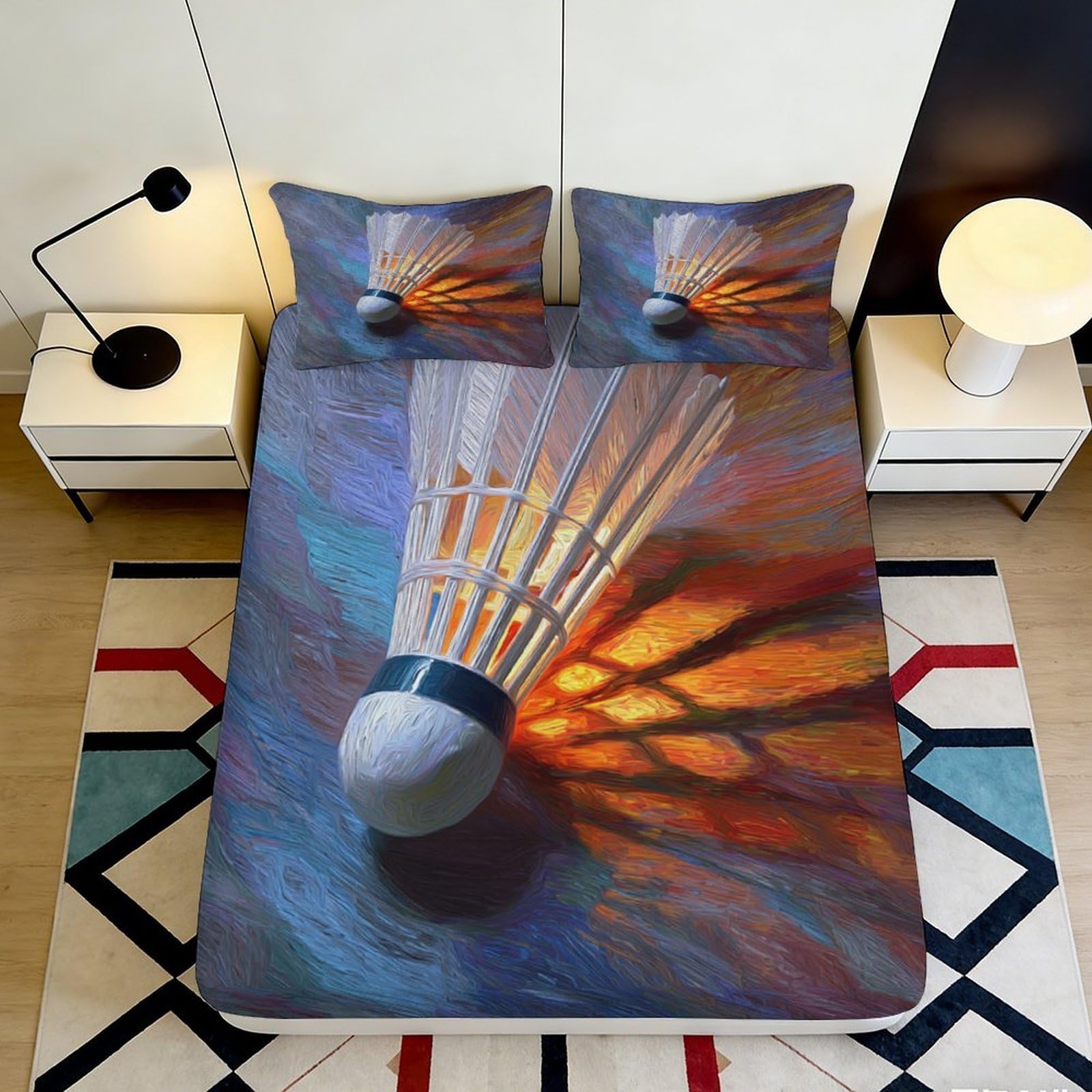 3D Printed Shuttlecock Fitted Sheet Microfiber Soft Non-Slip Badminton Flame Mattress Cover for Bedroom Decor 90x200x25cm