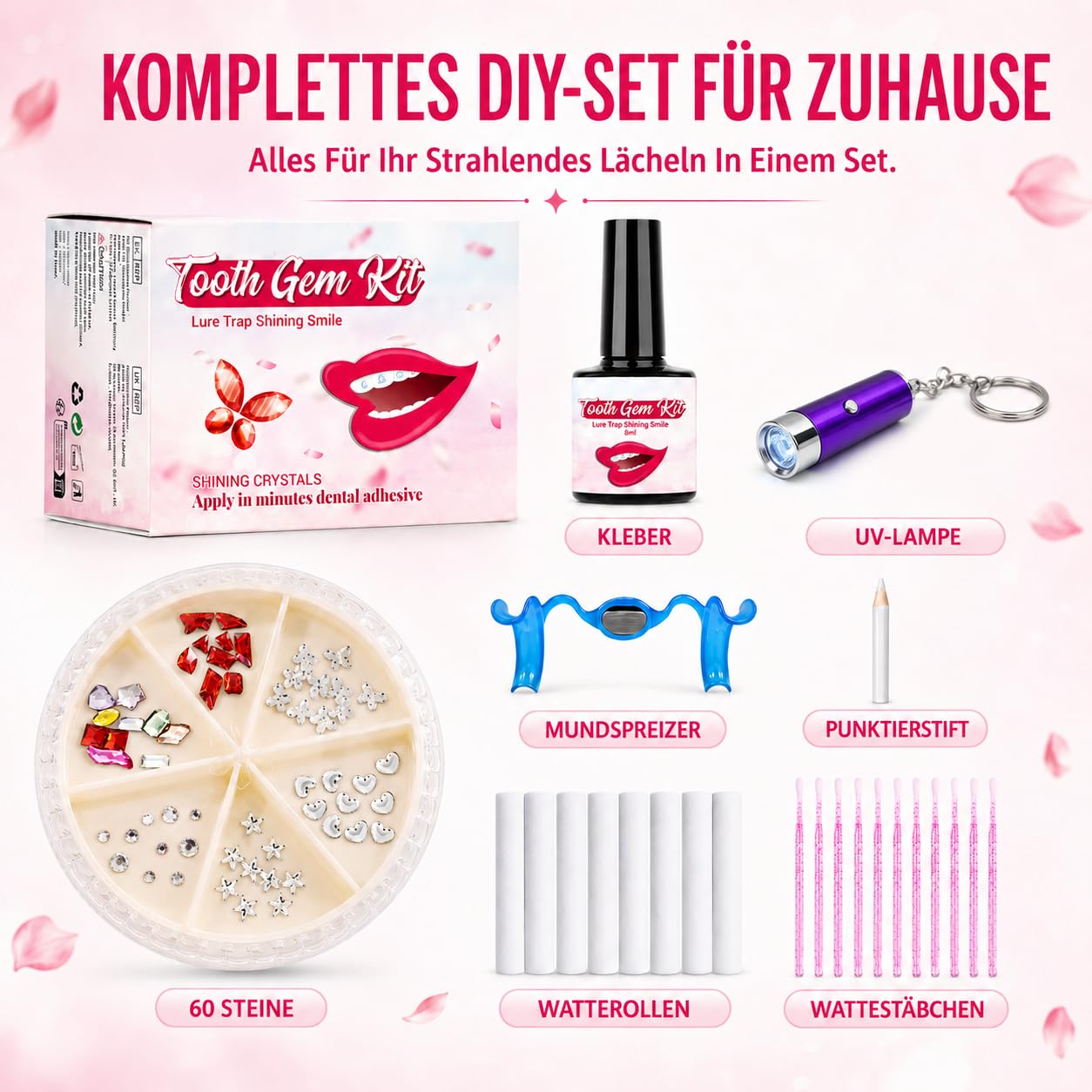 Tooth Gem Kit Komplett-Set, 120 Funkelnde Zahnschmuck Steine mit UV-Lampe & Kleber, DIY Zahnschmuck Set Für Zuhause, Auch für Nagelkunst & Handy Deko, für Party Cosplay, Geschenkidee für Frauen (Rosa)