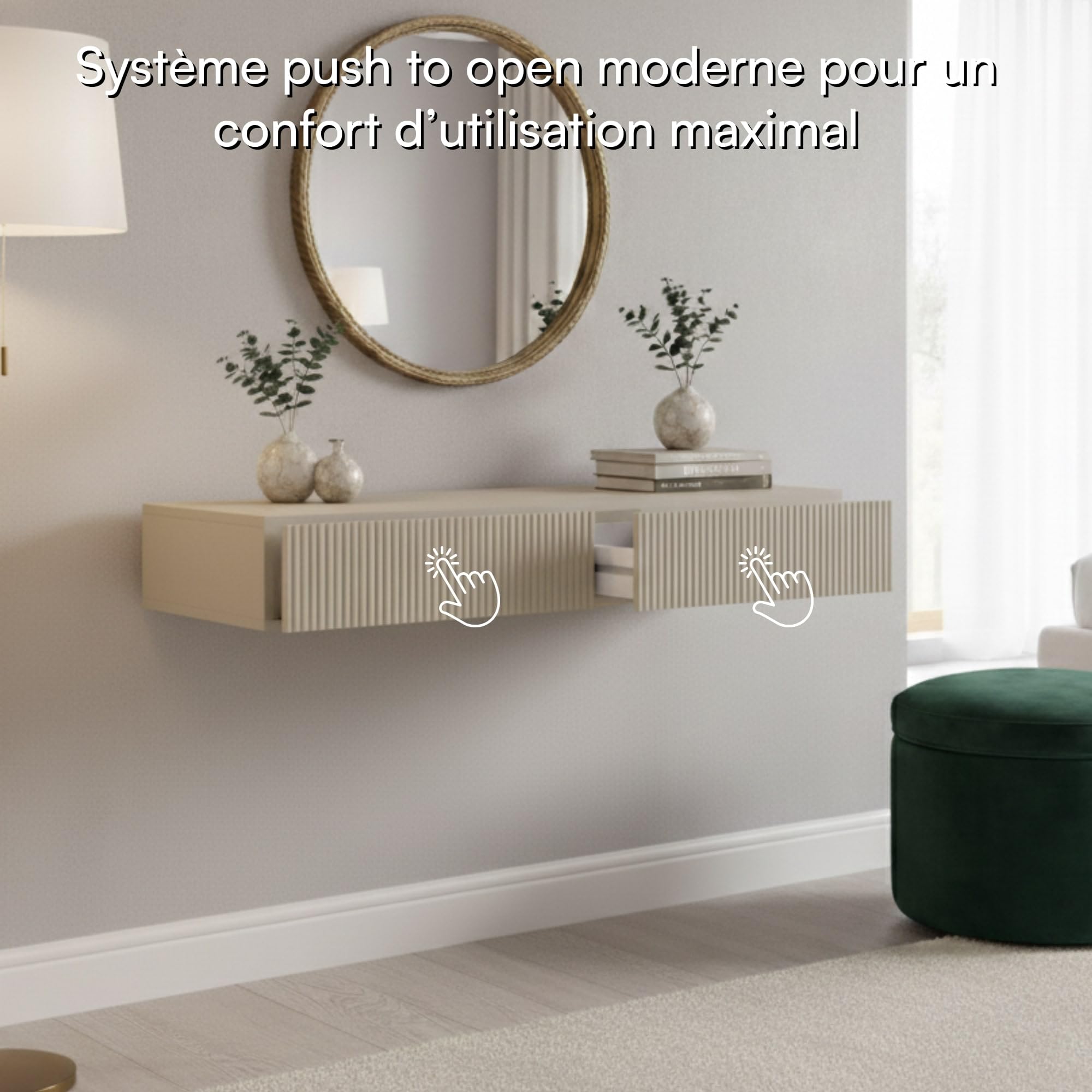 Selsey Coiffeuse avec 2 Tiroirs 110 x 79 cm Suspendue Table De Maquillage Coin Beauté Beige Gris Veldio