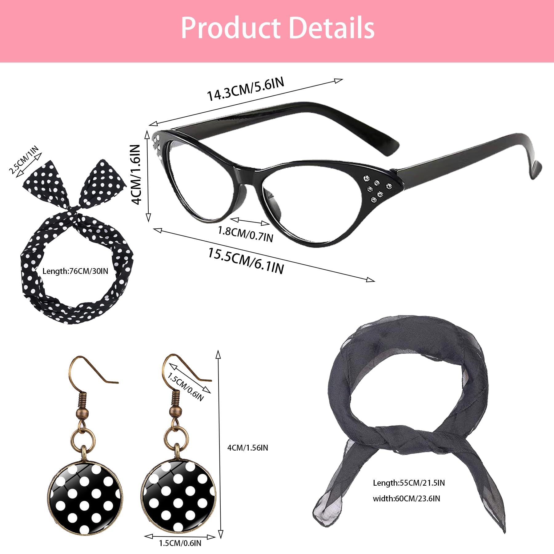BAIYSFFG 50s Costume Accessories for Women 1950s Fancy Dress Kit Cat Eye Glasses Polka Dot Bandana Tie Headband Earrings Ladies Grease Fancy Dress for Women Ladies 1950s Retro Party Decor (Black) - Image 2