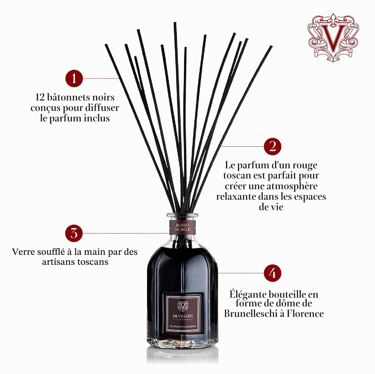 Dr Vranjes – Rosso Nobile 500 ml Diffuseur - Parfum d'ambiance luxe, fabriqué en Italie, parfum principal: Fruité, Pyramide Olfactive: Orange, Fraises et Fruits Rouges, Bois de Bouleau