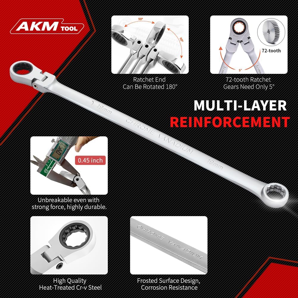 33 PCS Flex Head Ratcheting Wrench Set, Metric | 72-Tooth | 8-22mm | Extra Long Double Box End Ratchet Wrench Flex Head Wrench Set with Torx Bit