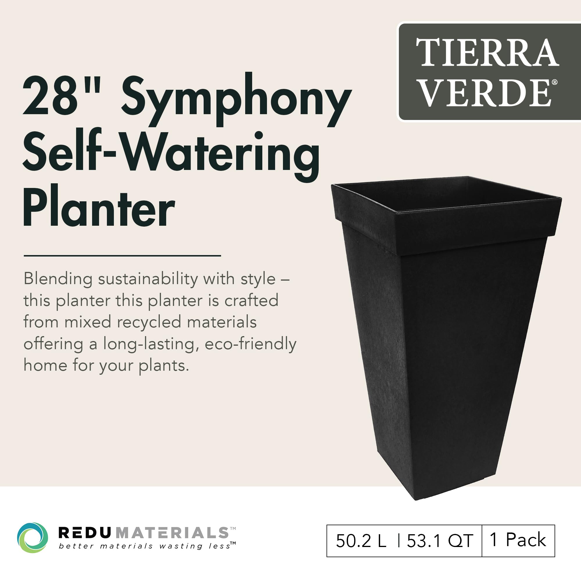 TierraVerde Symphony - Maceta cuadrada con riego automático, 15 pulgadas de ancho x 28 pulgadas de alto, color negro