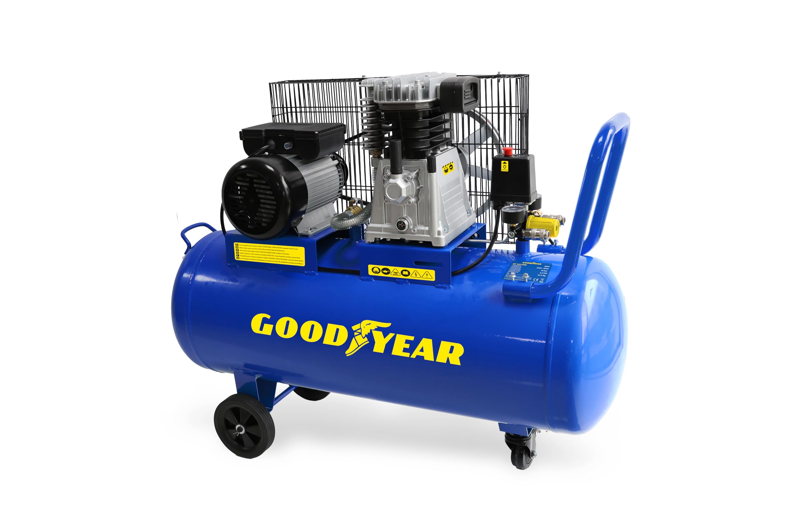 Goodyear - Compresor de Aire 100L 3 CV 2250W 10 Bar, Motor a Correa, 320 L/min, Valvula de Seguridad Antoretorno, Ideal para Talleres y Uso Profesional