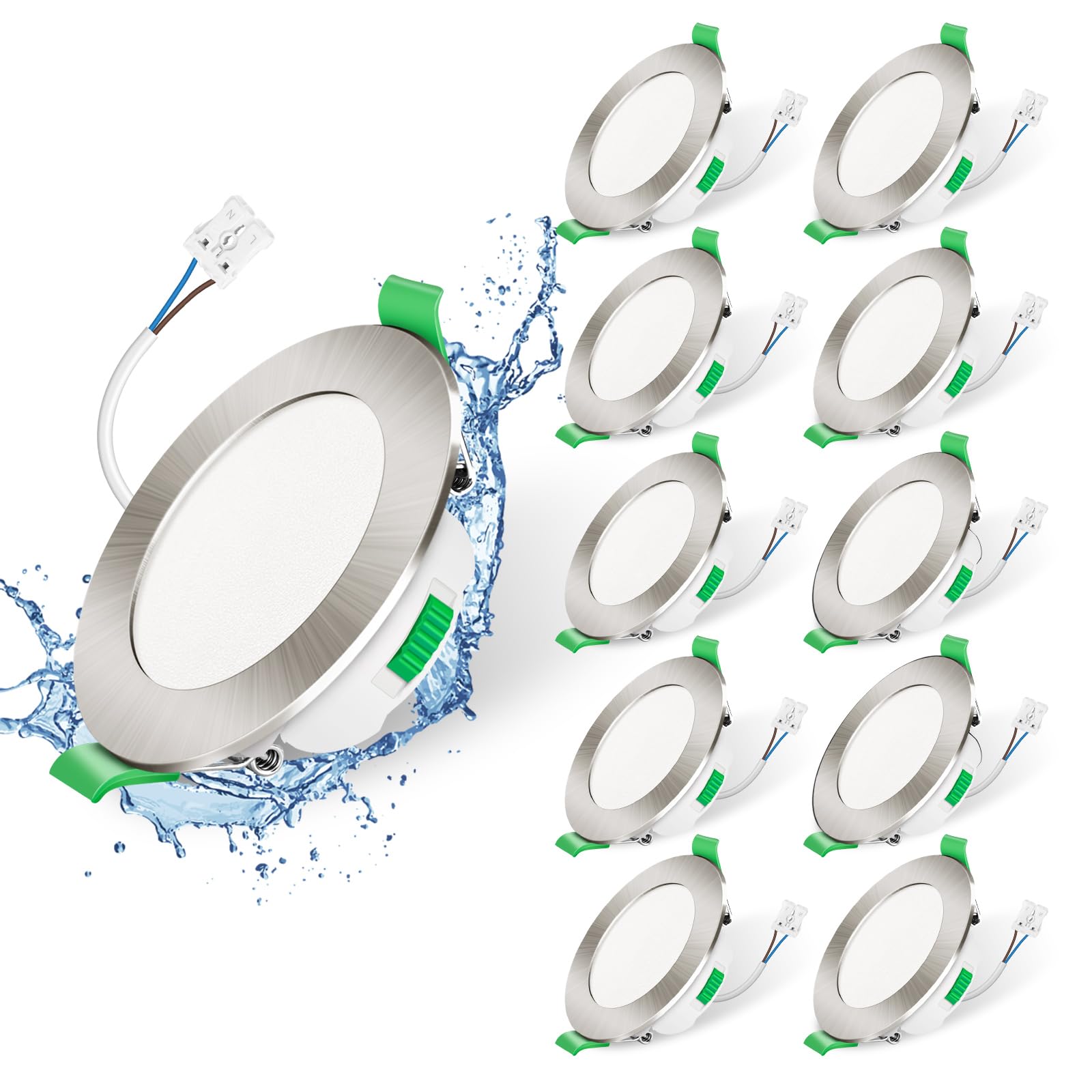 ALUSSO 5.5W LED Einbaustrahler 230V, 68mm Flach Dimmbar IP65 LED Spots Badezimmer Einbauleuchten, Warmweiß 3000K Neutralweiß 4000K Kaltweiß 6500K Deckenstrahler, Rund Nickel, 10er Set