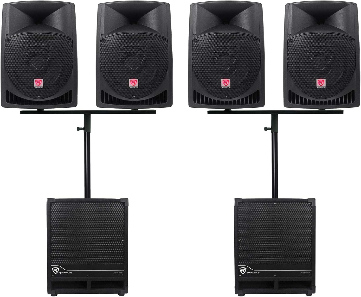 Rockville RPG12 Bundle: (4) 12 in 800-Watt 2-Way Powered Active DJ PA Speakers, (2) RBG12S 12 in 1400-Watt Powered Subwoofers, (2) DP Mount Adapters, (2) RSP36 36 in Poles, 10-Items