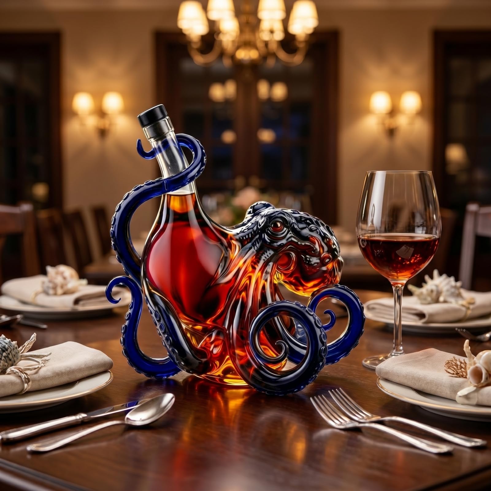 Bottiglia di vino a forma di polipo, decanter artistico in vetro 3D, decorazione nautica con tentacoli scuri, per whisky, vino, soda da 350 ml, regalo da bar a tema oceano, nero, 350 ml