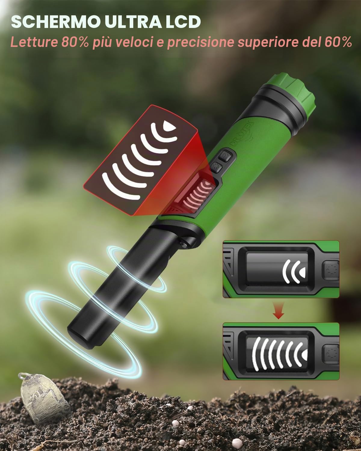 DR.ÖTEK Metal Detector Pinpointer per adulti e bambini, bacchetta puntatore portatile con schermo LCD, completamente impermeabile, rilevamento a 360°, 3 modalità, esclusiva cancellazione delle