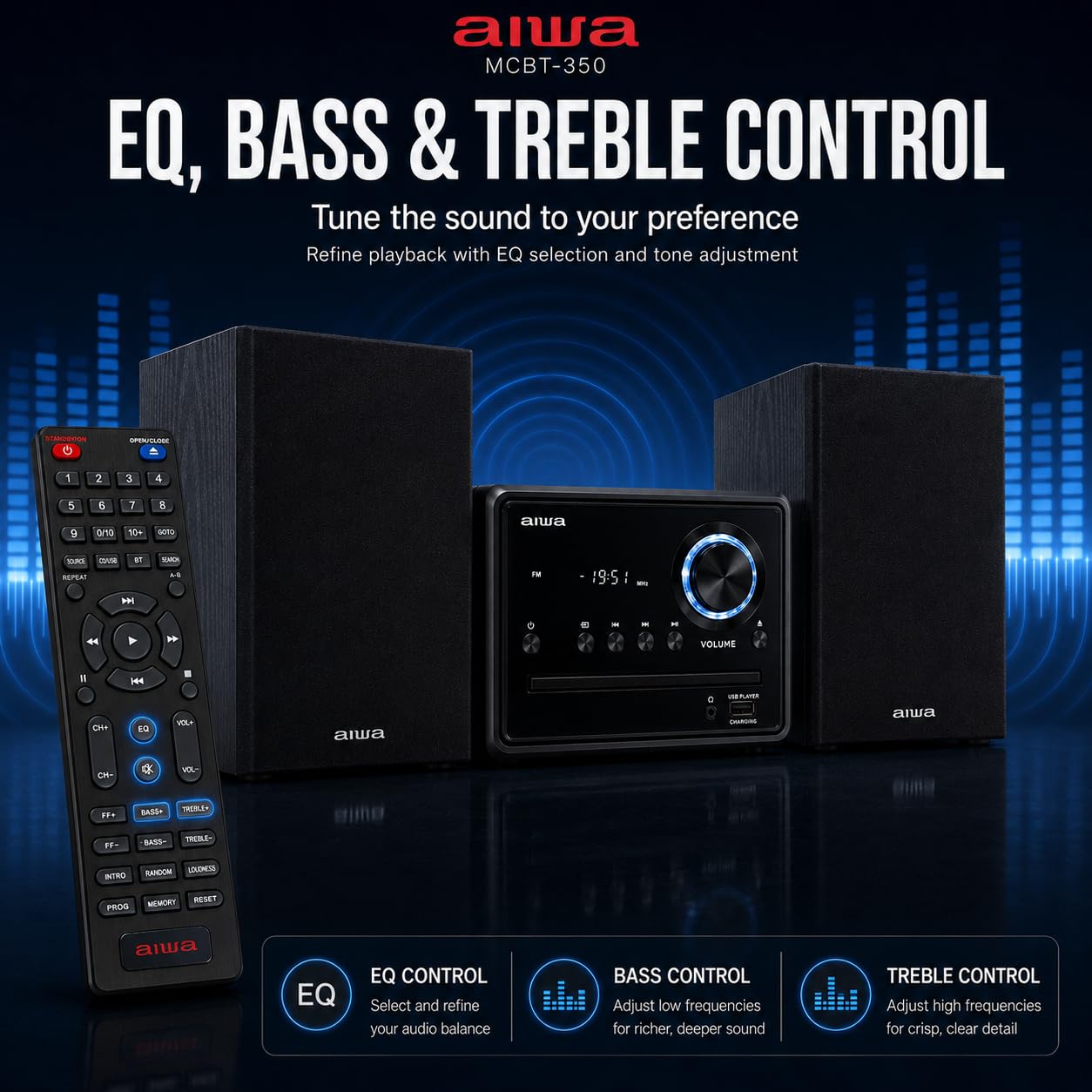 AIWA - MCBT-350, Mini Sistema Hi Fi Clase D de 20 W, Reproductor de CD MP3, Bluetooth 4.2 inalámbrico, Radio FM Digital 40 emisoras, USB Reproducción de Carga, entradas RCA, Salida de Auriculares