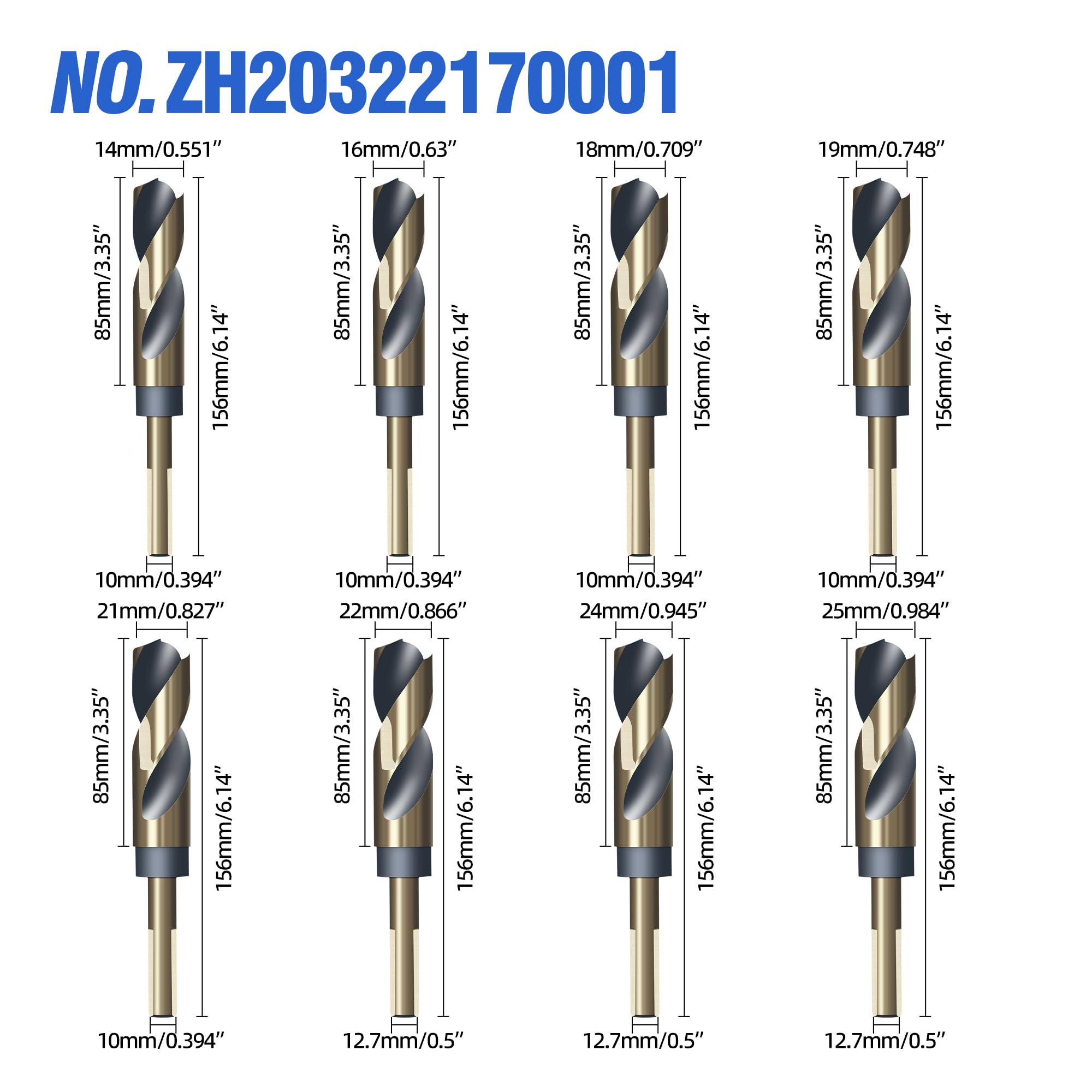 HUHAO Bohrer-Bit-Set mit reduziertem Schaft, 8 Größen von 9/16 Zoll bis 2,5 cm, HSS 4341 für robustes Metall und Stahl, 10 mm und 1/2-Zoll-Schaft, schwarzes Nitrid und goldfarbene Titanbeschichtung