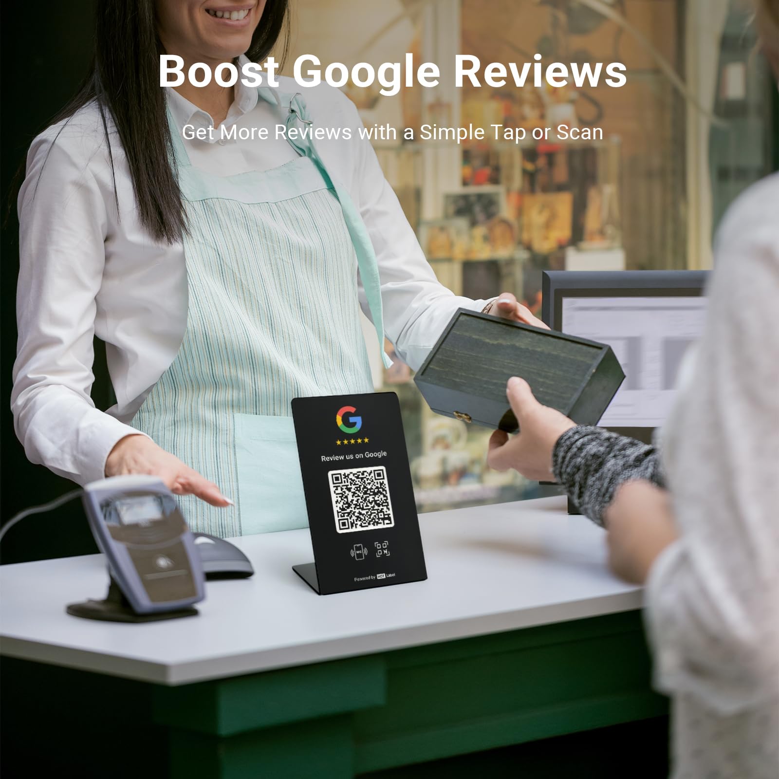 HotLabel Google Review Stand 1 pack + carte Google Review Tap en bonus – Noir – NFC Tap & QR Code – Prend en charge 2 différents magasins ou Same – Pas d'application/souscription