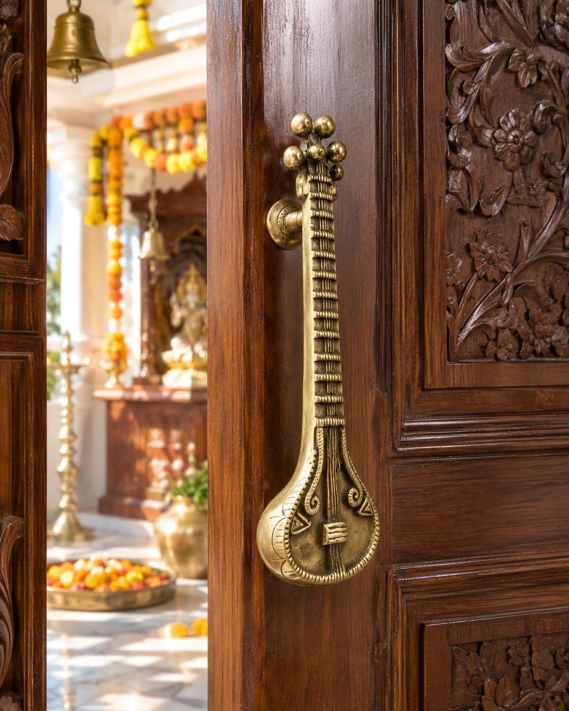 Two Moustaches Sitar Design 8 Inches Brass Door Handle, Brass Sitar Handle, Door Handles for Main Door, Standard, Pack Of 1-image-17