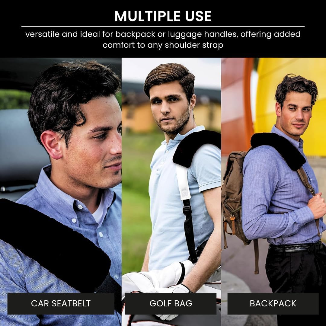 Andalus Genuine Sheepskin Car Seat Belt Cover Pad – Soft Fuzzy, Comfy Fluffy Seatbelt Covers, Shoulder Pad Neck Cushion Protector, Car Accessories for Woman, Man, Girl (Black, 2-Pack)