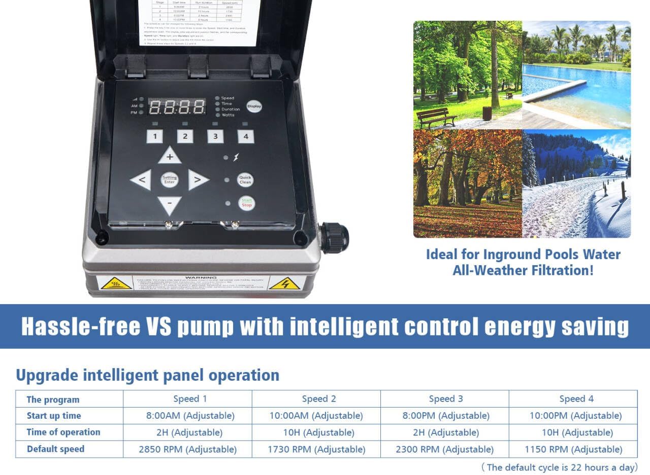 CIPU pool pump intelligent control panel with various seasonal pool scenes.