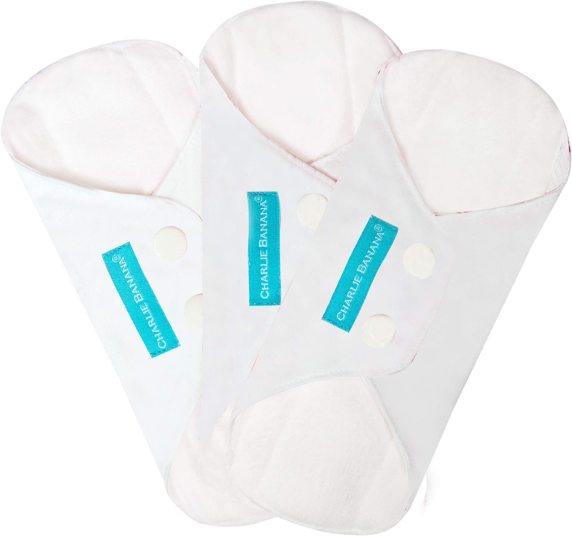 Charlie Banana Reusable Feminine Pads - Comfortable Cloth Sanitary Menstrual Pads, 3 Piece, Liner, White