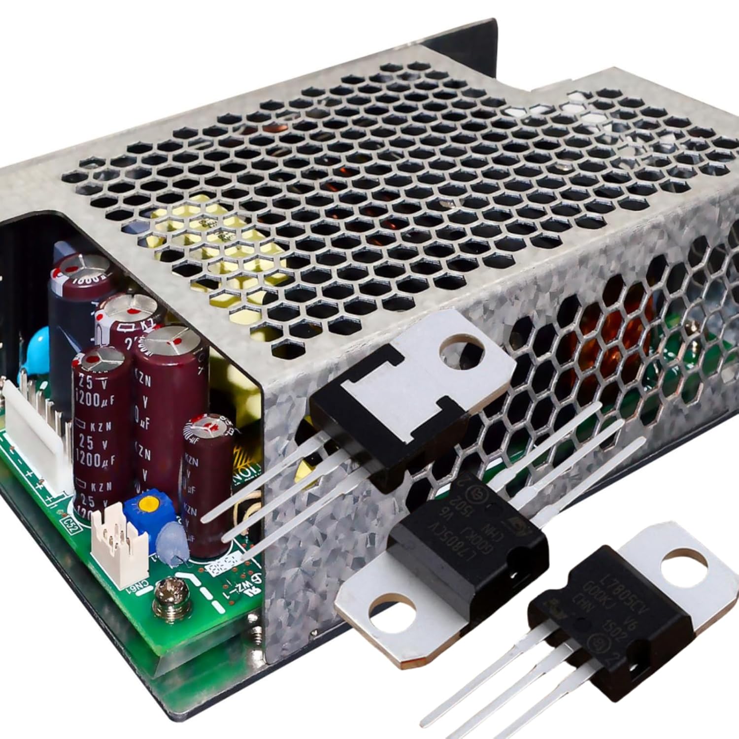 Two L7805 voltage regulators integrated into a larger power supply circuit board, demonstrating their use in an electronic assembly.