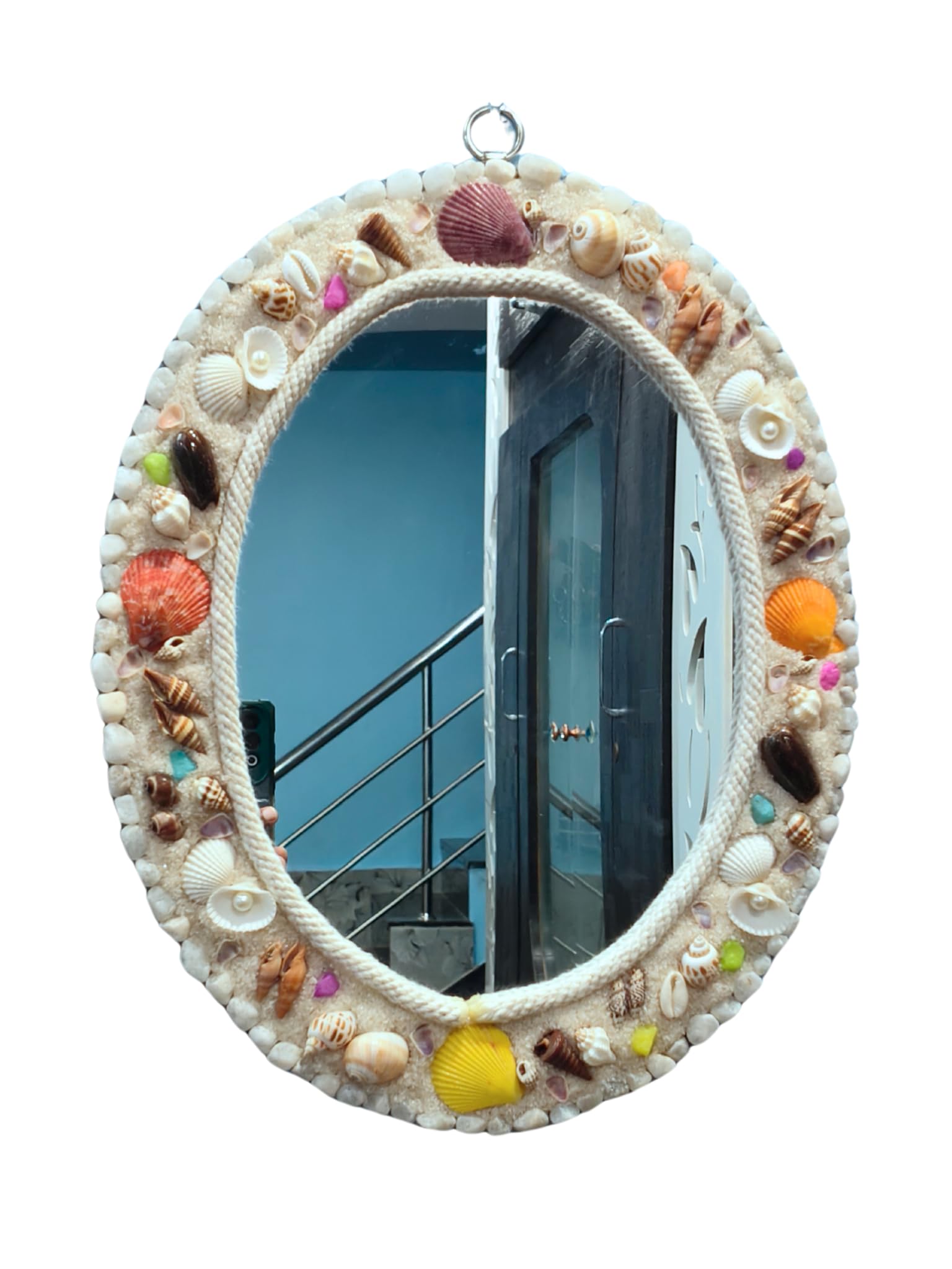 Shell Mirror- Oval Shape- Sea Shell wall Hanging Mirror for Home-Unique Mirror for Home Decor,Bathroom,Dining Hall,Living-Handcraft -Boho Theamed-14inch Premium Mirrors.White Sand-image-45